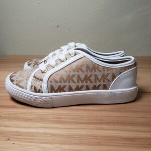 Michael Kors Kid's 11 MK Monogram Chunky Sneaker Beige Brown White Preppy Shoe‎